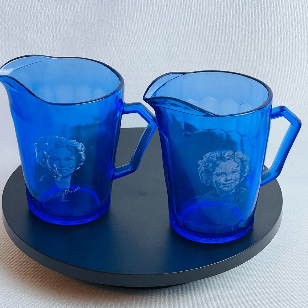 Shirley Temple Cobalt Blue Lithophane Creamers US Glass 1934-1942 Lot TWO